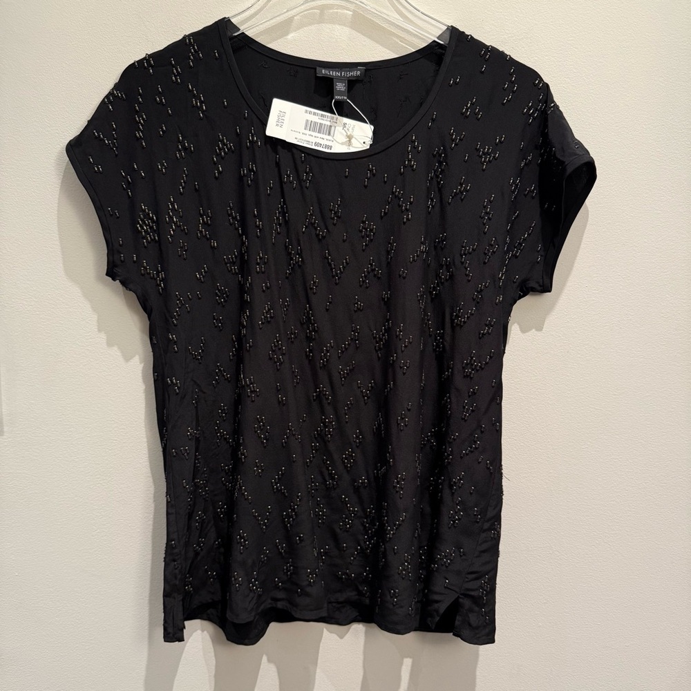 NWT- Eileen Fisher Hand Beaded Black Chevron Silk Top Size XXS Women’s